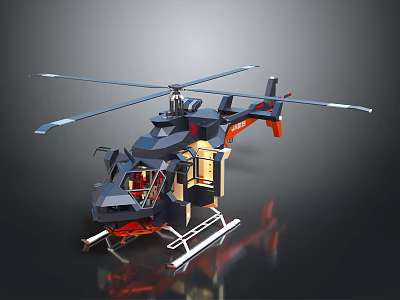 Detailed Helicopter 3D Model with Black Orange Color Rotor Blades Landing Gear and Cabin Windows 3d model
