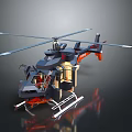 Detailed Helicopter 3D Model with Black Orange Color Rotor Blades Landing Gear and Cabin Windows