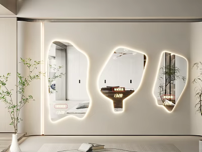 Irregular Shaped LED Backlit Mirrors For Modern Interior Decor With Potted Plant 3d model