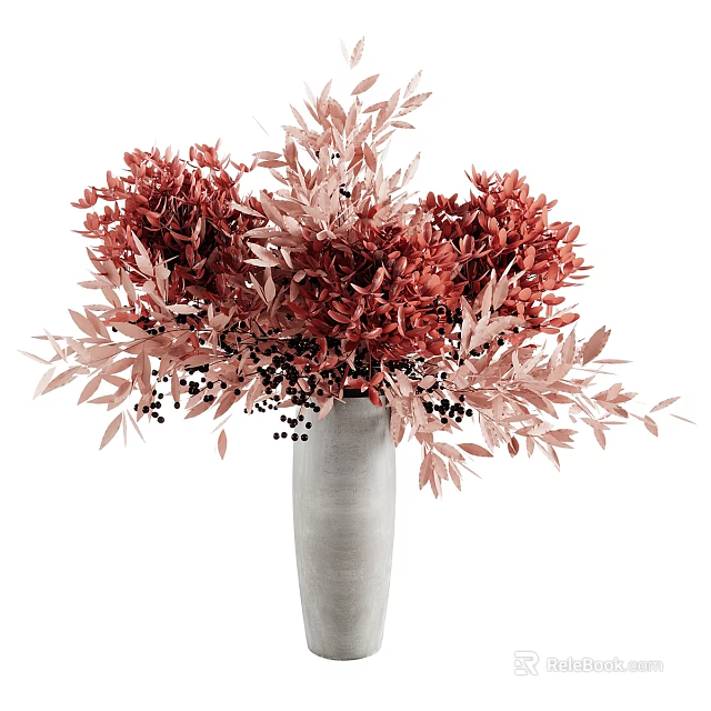 Gray Ceramic Vase with Red and Pink Flowers Decorative Leaves and Black Berries Arrangement 3d model 