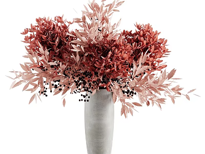Gray Ceramic Vase with Red and Pink Flowers Decorative Leaves and Black Berries Arrangement 3d model