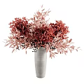 Gray Ceramic Vase with Red and Pink Flowers Decorative Leaves and Black Berries Arrangement