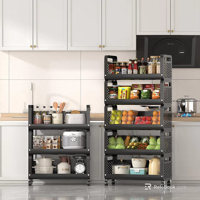 Organized Kitchen Cabinets With Storage Racks Holding Spices Vegetables Fruits And Cookware 3d model 