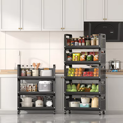 Organized Kitchen Cabinets With Storage Racks Holding Spices Vegetables Fruits And Cookware 3d model