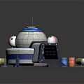 Vibrant Cartoon Scene With Round Spaceship Blue White Top Black Ramp And Colorful Cylindrical Canisters