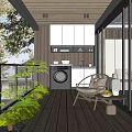 Home Balcony Design With Wooden Floor Green Plants Rattan Chair Washing Machine And White Cabinets