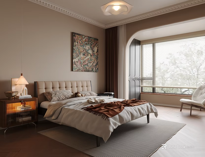 Cozy Modern Bedroom With Upholstered Headboard Bedside Lamp Artwork And Window Blinds 3d model 