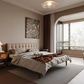 Cozy Modern Bedroom With Upholstered Headboard Bedside Lamp Artwork And Window Blinds