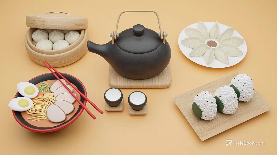 Traditional Chinese Food Platter With Steamed Buns Dumplings Noodles Rice Rolls And Tea Set 3d model 