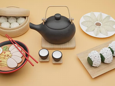 Traditional Chinese Food Platter With Steamed Buns Dumplings Noodles Rice Rolls And Tea Set 3d model