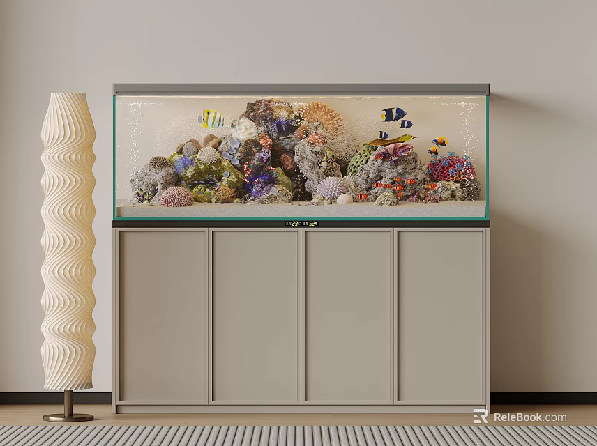 Stylish Home Aquarium With Coral Reef Colorful Fish And Cabinet 3d model 