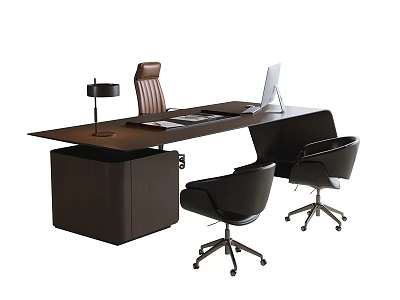 Modern Dark Wood Office Desk With Computer Monitor Table Lamp And Wheeled Office Chairs 3d model