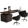 Modern Dark Wood Office Desk With Computer Monitor Table Lamp And Wheeled Office Chairs