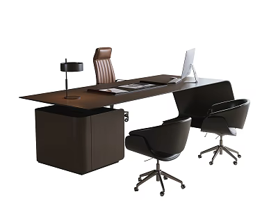 Modern Dark Wood Office Desk With Computer Monitor Table Lamp And Wheeled Office Chairs 3d model