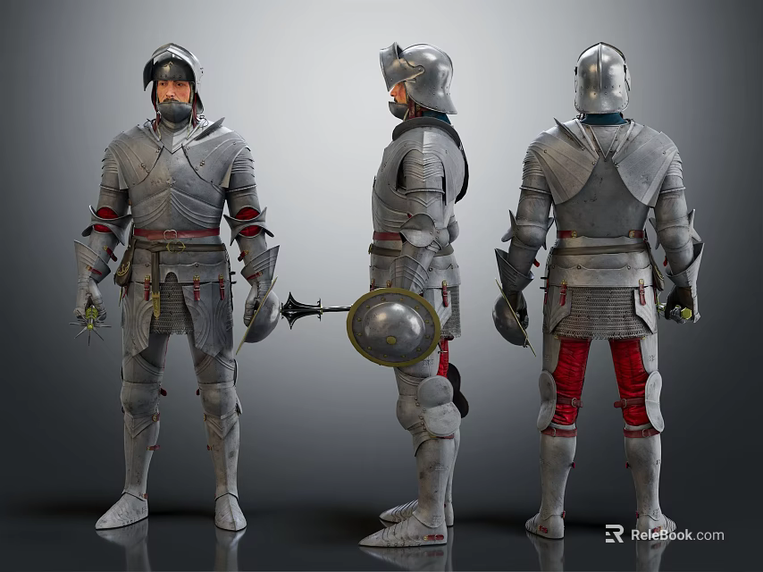 Three Medieval Knight Characters Wearing Silver Armor Shown From Different Angles 3d model
