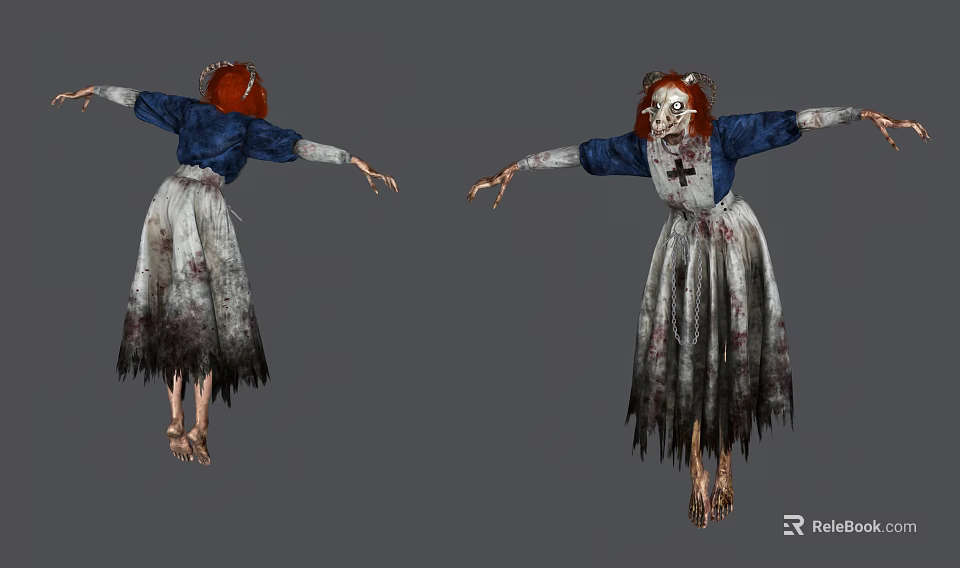 Two Angles Horror Character Red Hair Blue Top Tattered White Dress Bloodstains Cross Symbol 3d model 