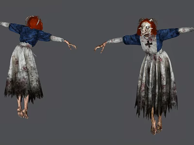 Two Angles Horror Character Red Hair Blue Top Tattered White Dress Bloodstains Cross Symbol 3d model