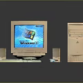 Vintage Desktop Computer System with Monitor Keyboard Mouse and Speakers Running Windows 95 Interface