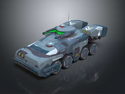 Futuristic Military Armored Vehicle With Multiple Wheels Antenna And Green 3d model