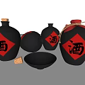 Black Wine Jars With Red Wine Character Labels And Cork Stoppers And Black Bowl