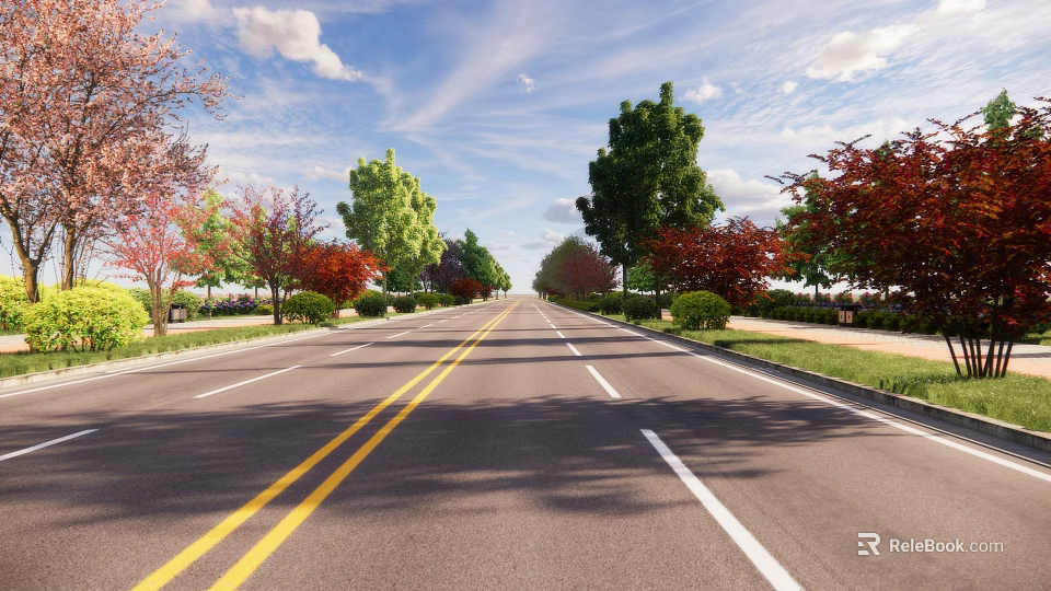 Wide Municipal Road With Yellow Double Lines And Colorful Trees Alongside 3d model 