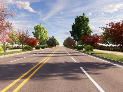 Wide Municipal Road With Yellow Double Lines And Colorful Trees Alongside 3d model