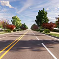 Wide Municipal Road With Yellow Double Lines And Colorful Trees Alongside