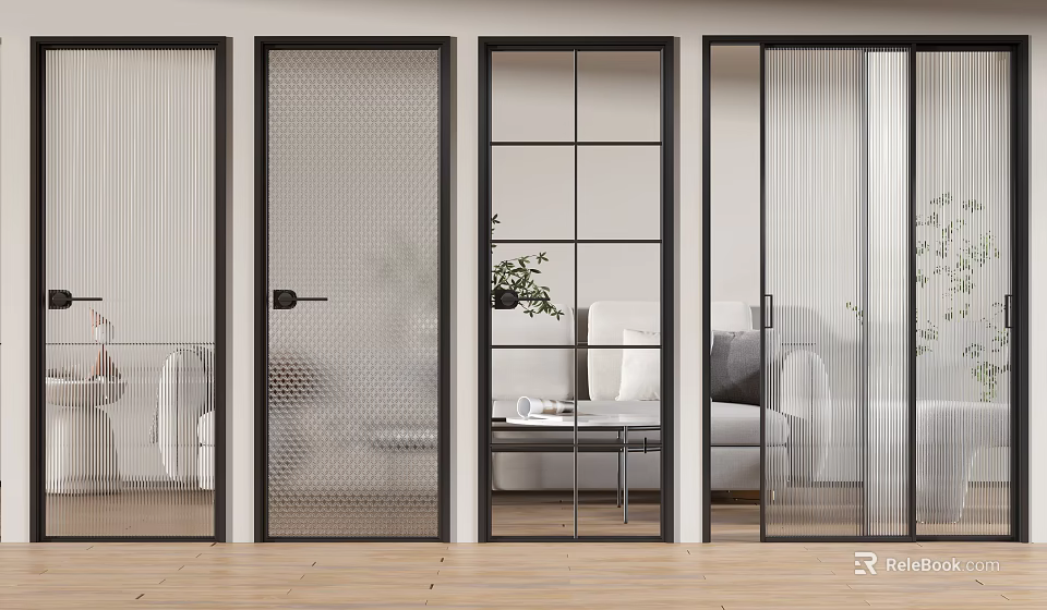 Contemporary Interior Doors Featuring Grid Glass And Vertical Stripe Designs In Modern Living Space 3d model 