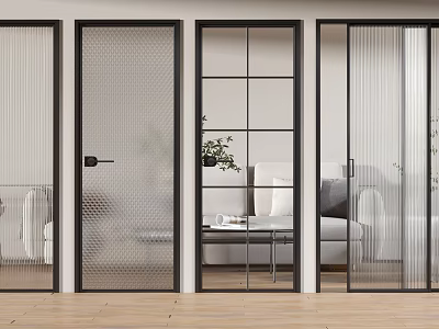 Contemporary Interior Doors Featuring Grid Glass And Vertical Stripe Designs In Modern Living Space 3d model