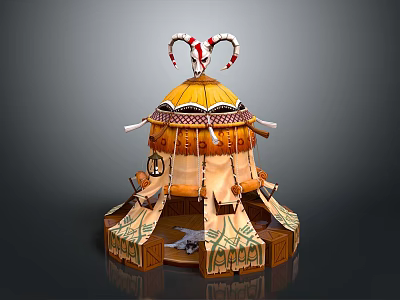 Yurt Style Decorative Tent With Yellow Top Red White Ornaments Fabric Curtains And Wooden Base 3d model