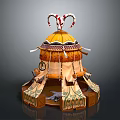 Yurt Style Decorative Tent With Yellow Top Red White Ornaments Fabric Curtains And Wooden Base
