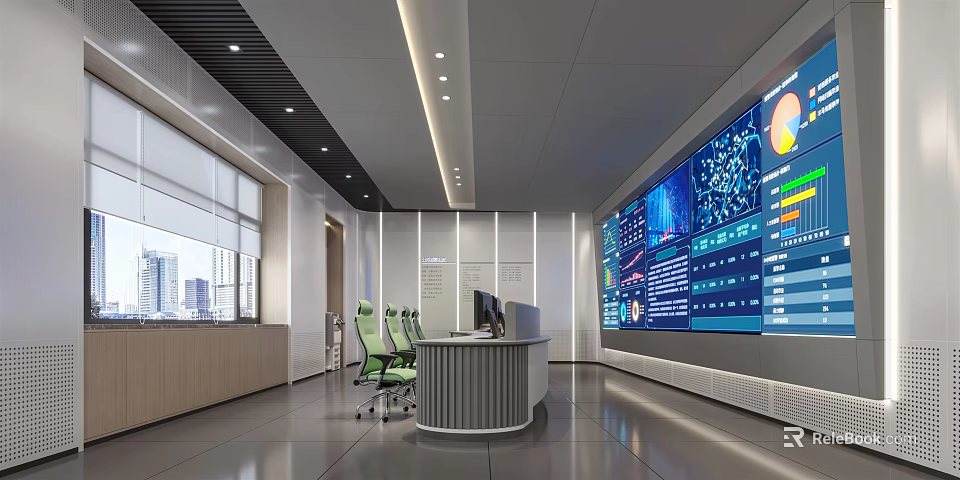 Modern Control Room Interior With Large Display Screens Control Console And Office Chairs 3d model