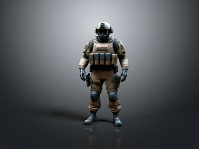 Man in Tactical Military Gear Standing with Helmet and Protective Armor 3d model