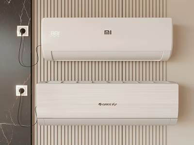MI and GREE Air Conditioner Fan Units Mounted on Striped Wall with Power Sockets 3d model