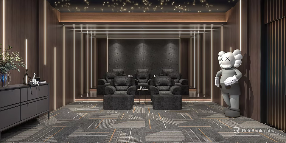 Home Theater Interior with Black Recliner Seats Starry Ceiling Dark Walls and Gray Patterned Carpet 3d model 