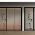 Modern Interior Sliding Doors Featuring Frosted Glass Mesh Design And Potted Plant On Wooden Floor