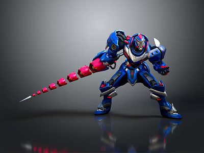 Blue Robot Character With Red Segmented Weapon In Battle Stance And Shiny Armor 3d model