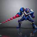 Blue Robot Character With Red Segmented Weapon In Battle Stance And Shiny Armor