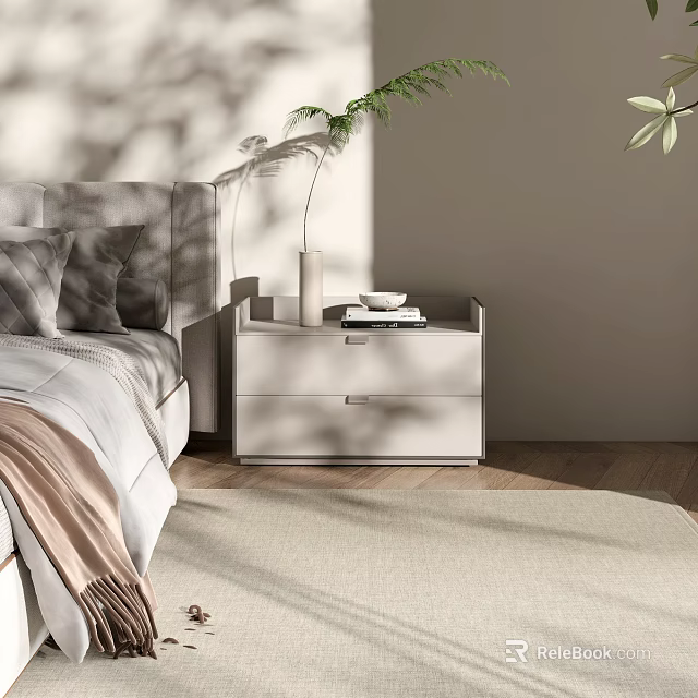 Modern Light Gray Nightstand In Bedroom With Vase Books And Green Plant Shadows 3d model 