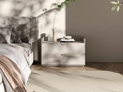 Modern Light Gray Nightstand In Bedroom With Vase Books And Green Plant Shadows 3d model