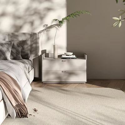 Modern Light Gray Nightstand In Bedroom With Vase Books And Green Plant Shadows 3d model