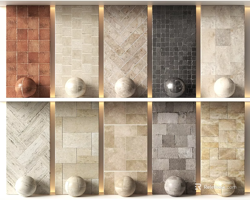 Diverse Floor Tiles With Multiple Colors Herringbone And Square Patterns Designs 3d model 