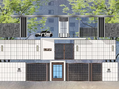 Modern Building Exterior Design With White Tile Walls Front Door Windows And Greenery 3d model