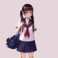 Anime Game Character With Long Black Pigtails Purple Eyes Glasses And Sailor Uniform