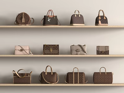 Various Style Bags on Wooden Shelves with Multiple Colors and Types 3d model