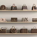 Various Style Bags on Wooden Shelves with Multiple Colors and Types