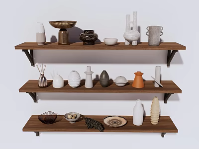 Ceramic Vessels Display on Wooden Shelves with Various Shapes and Colors 3d model