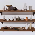 Ceramic Vessels Display on Wooden Shelves with Various Shapes and Colors