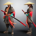 Traditional Warrior With Conical Hat Holding Long Sword In Dual Poses 3d model