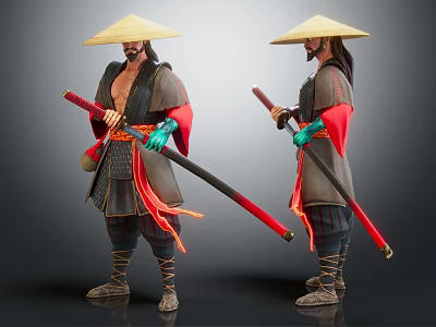 Traditional Warrior With Conical Hat Holding Long Sword In Dual Poses 3d model